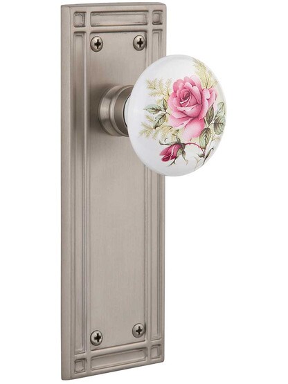 Mission Door Set with Rose Porcelain Knobs in Satin Nickel.